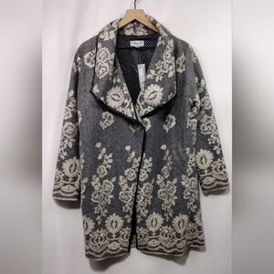 NWT Aris A Embroidered Floral Cardigan Jacket Women's L Gray Artsy Retro Boho